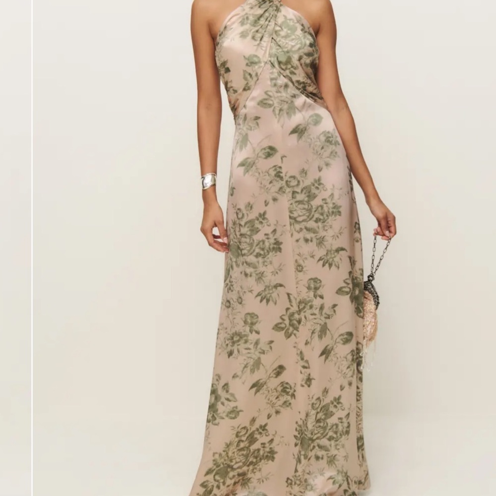 Reformation One-Shoulder Halter Gown - Blush Pink & Olive - Picture 3 of 7